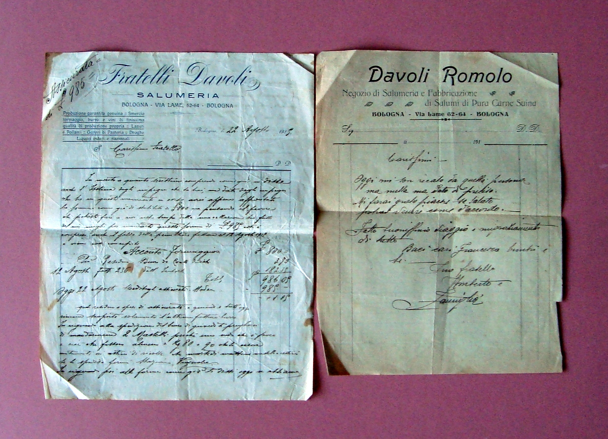 2 Fatture Fratelli Davoli via Lame Bologna 1915 ca Salumeria …