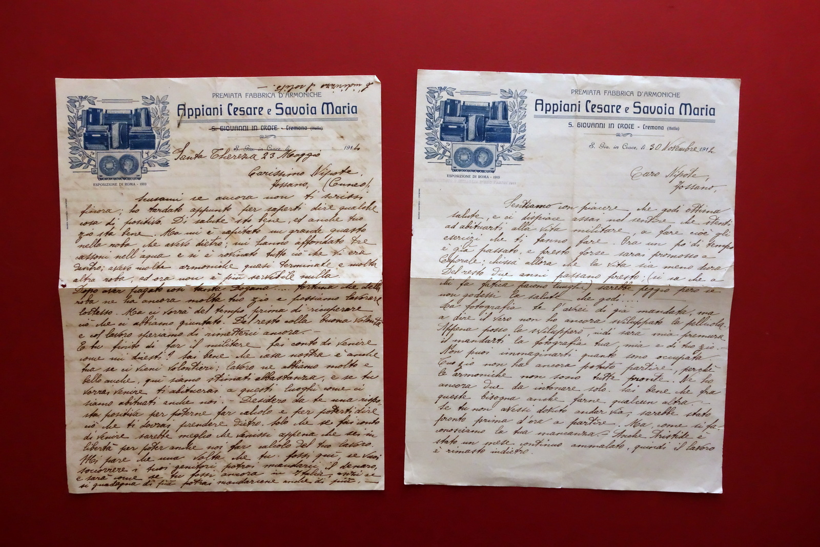 2 Lettere Intestazione Appiani Savoia Armoniche 1914 Emigranti Argentina