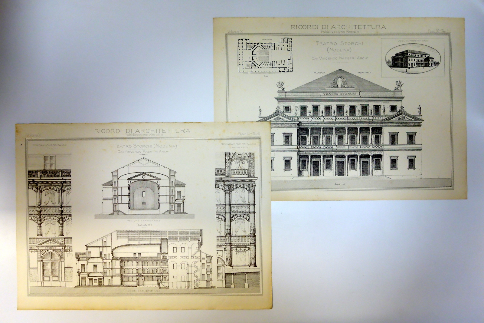 2 Litografie Originali Teatro Storchi Modena V. Maestri Fine '800
