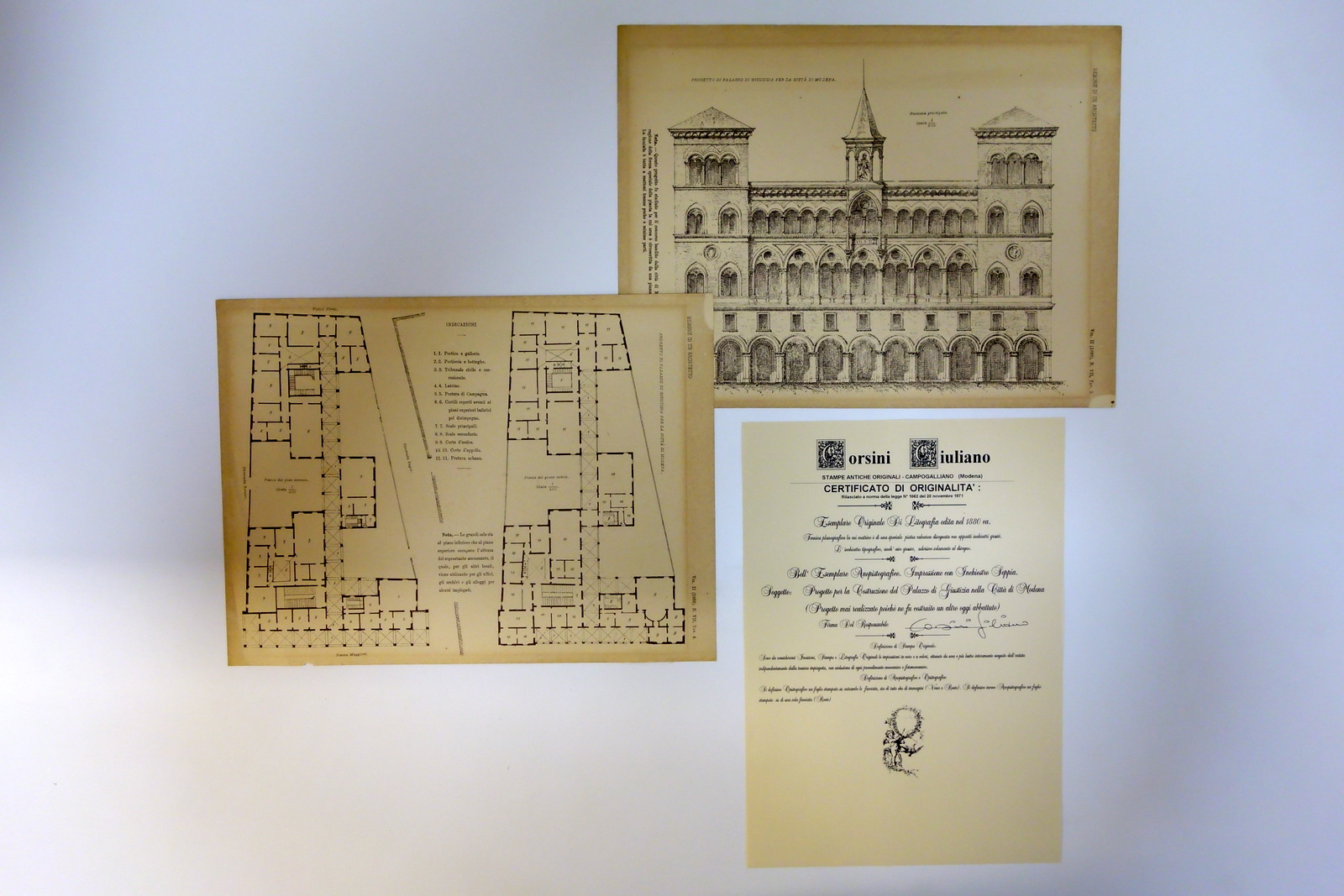 2 Litografie Progetto Palazzo di Giustizia Città di Modena Facciata …