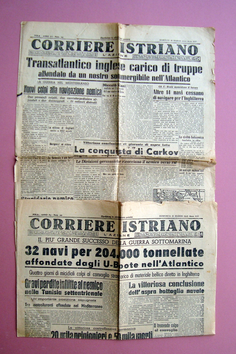 2 numeri Corriere Istriano Pola 16-21 marzo 1943 completi