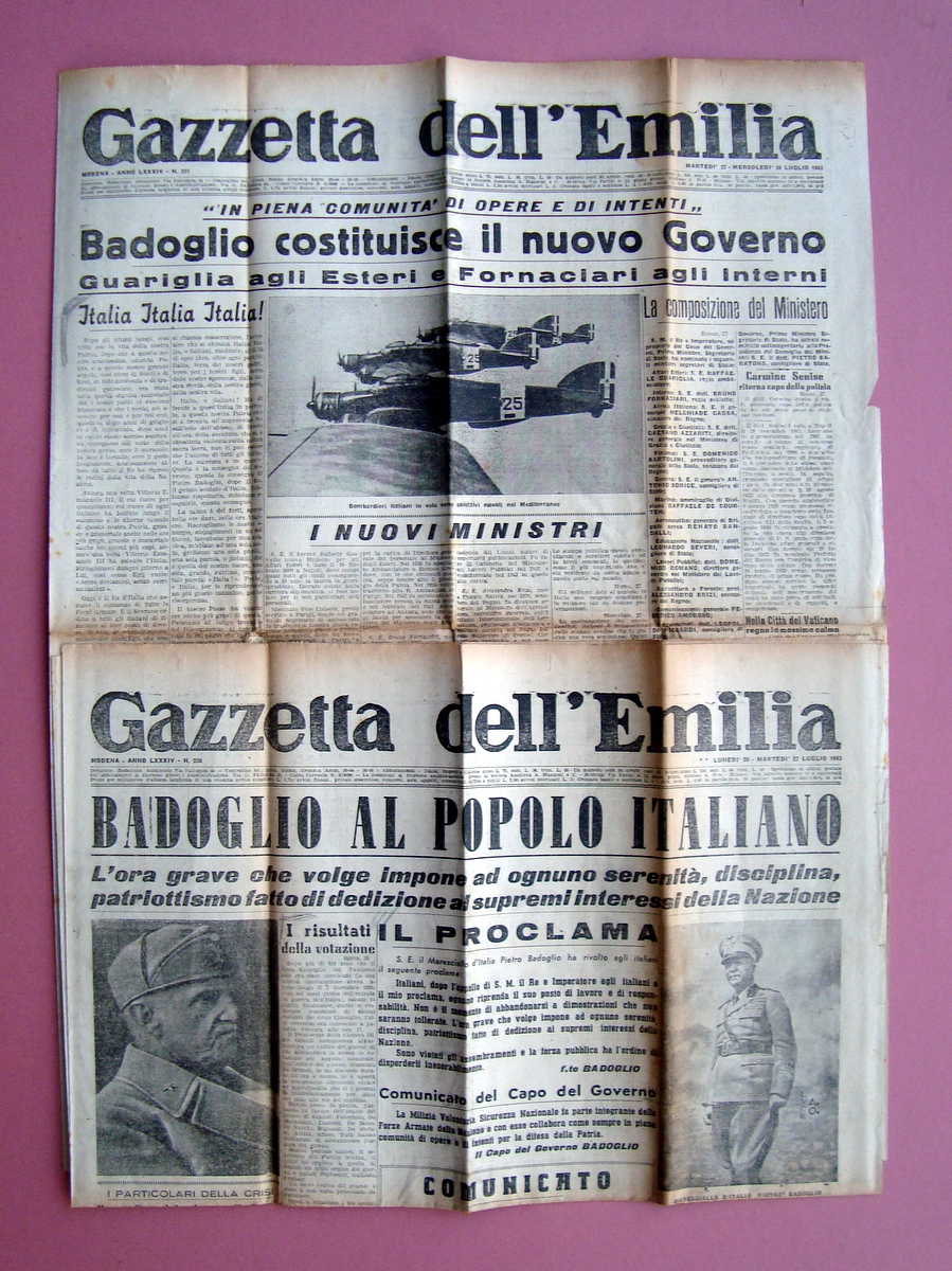 2 numeri Gazzetta dell'Emilia ottobre 1943 Badoglio al Popolo Italiano …