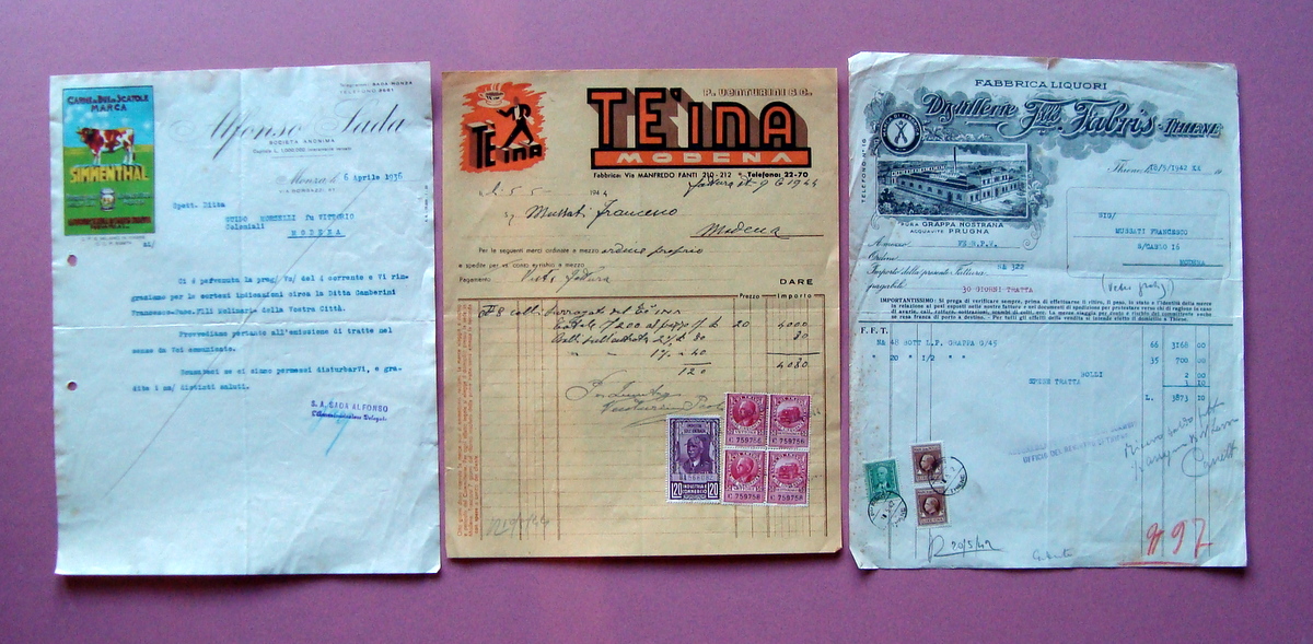 3 Fatture Simmenthal Monza 1936 Teina Modena 1944 F.lli Fabris …