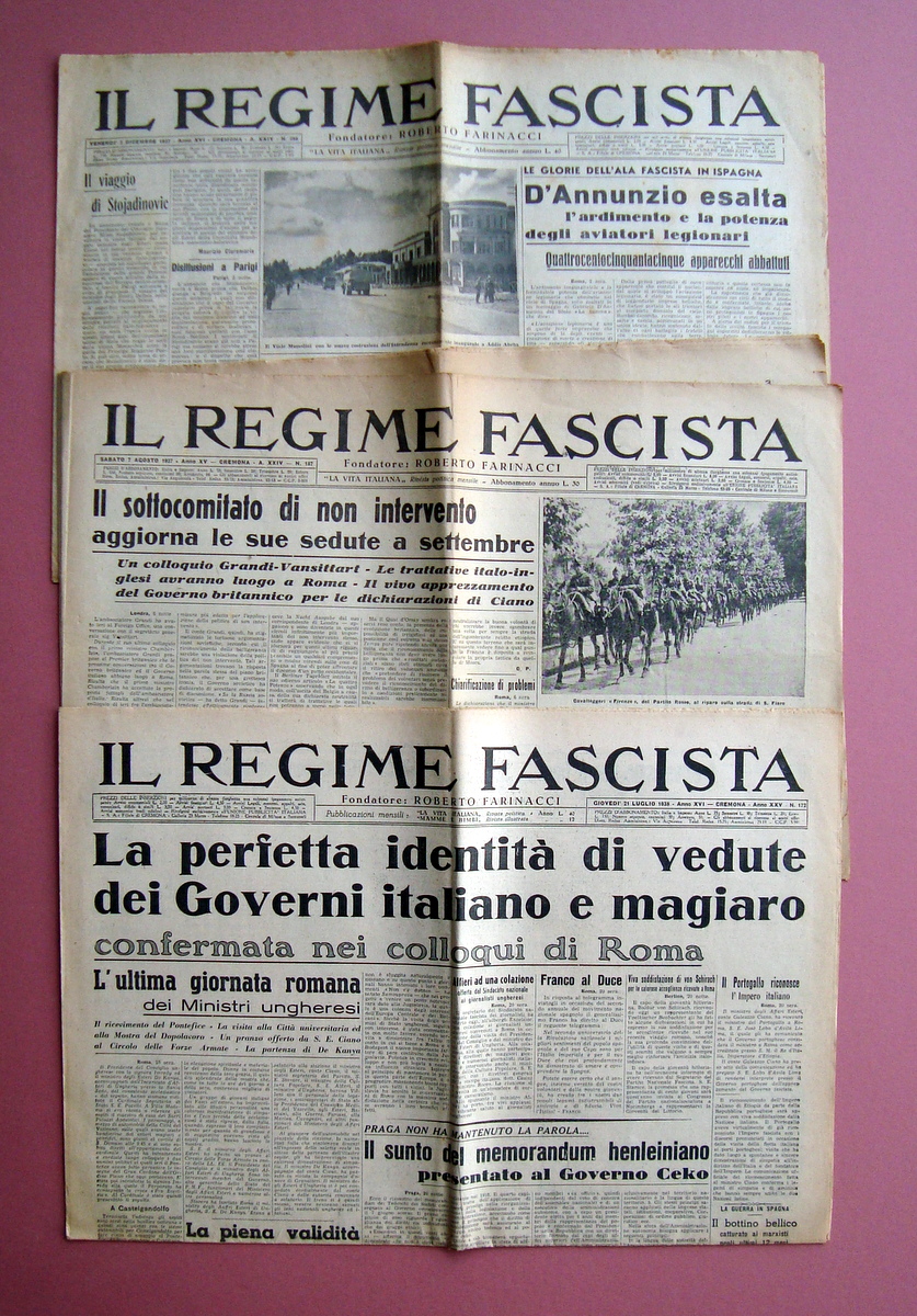 3 giornali Il Regime Fascista Cremona 1937-1938 Farinacci