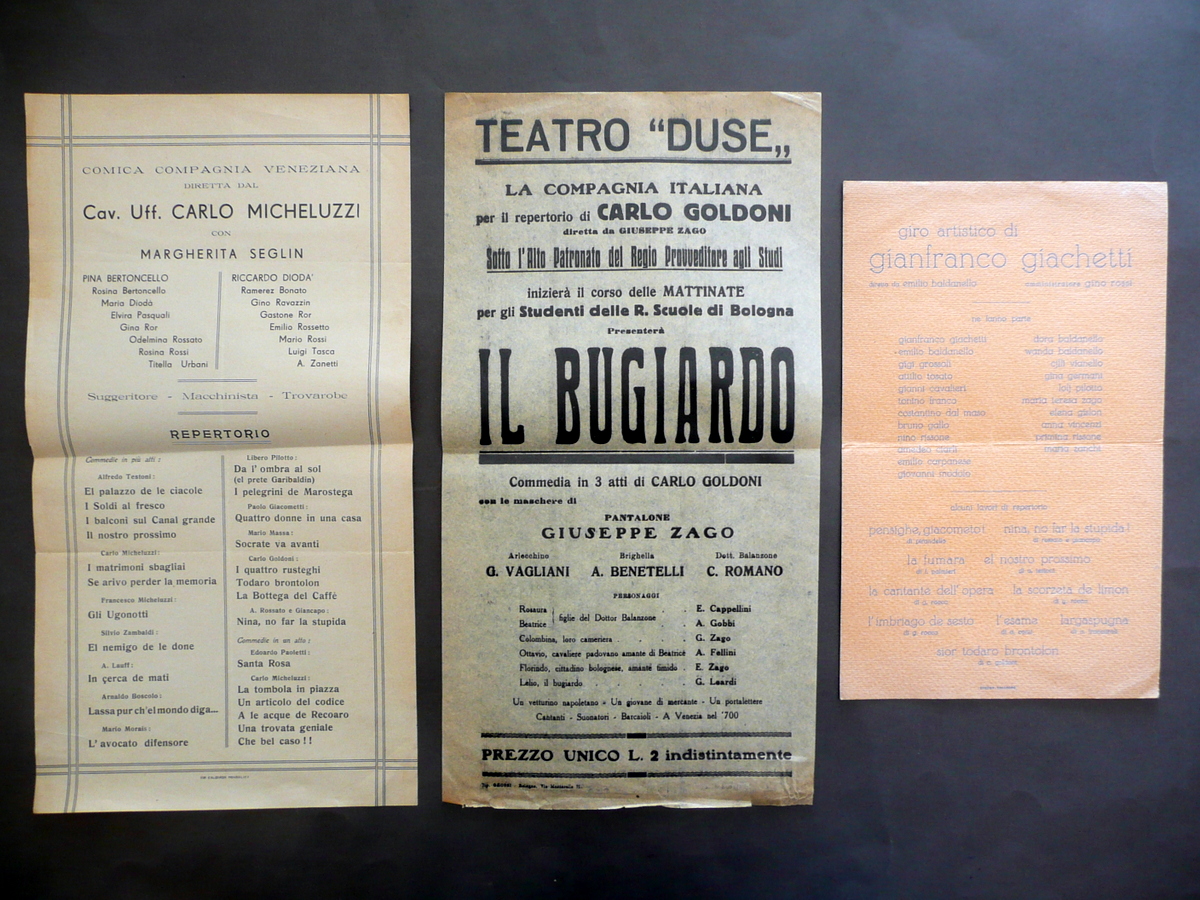 3 Locandine Teatro Duse Comica Compagnia Veneziana Giro Artistico Giachetti …