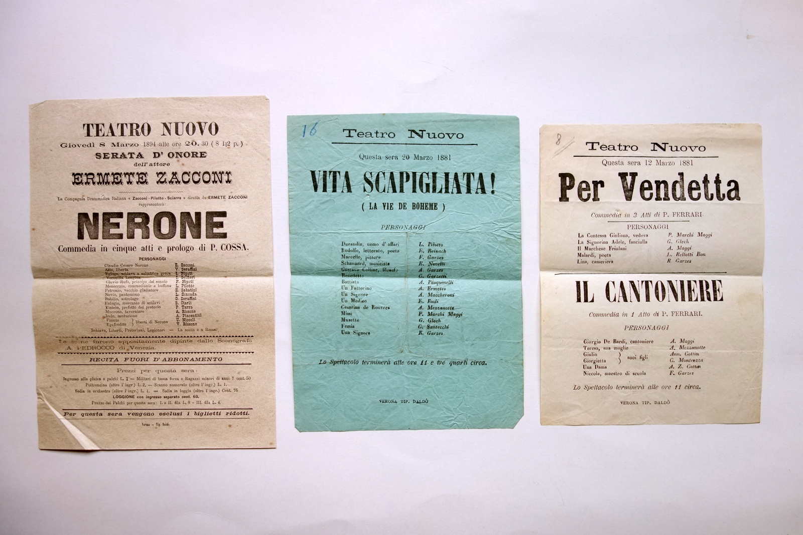 3 Locandine Teatro Nuovo Verona 1881 1894 Nerone Vita Scapigliata …
