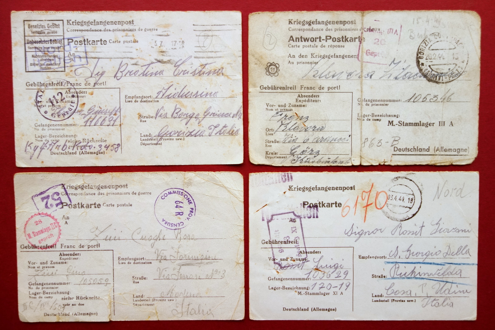 4 Cartoline Postali Prigionieri di Guerra WW2 1944 Gorizia Trieste …