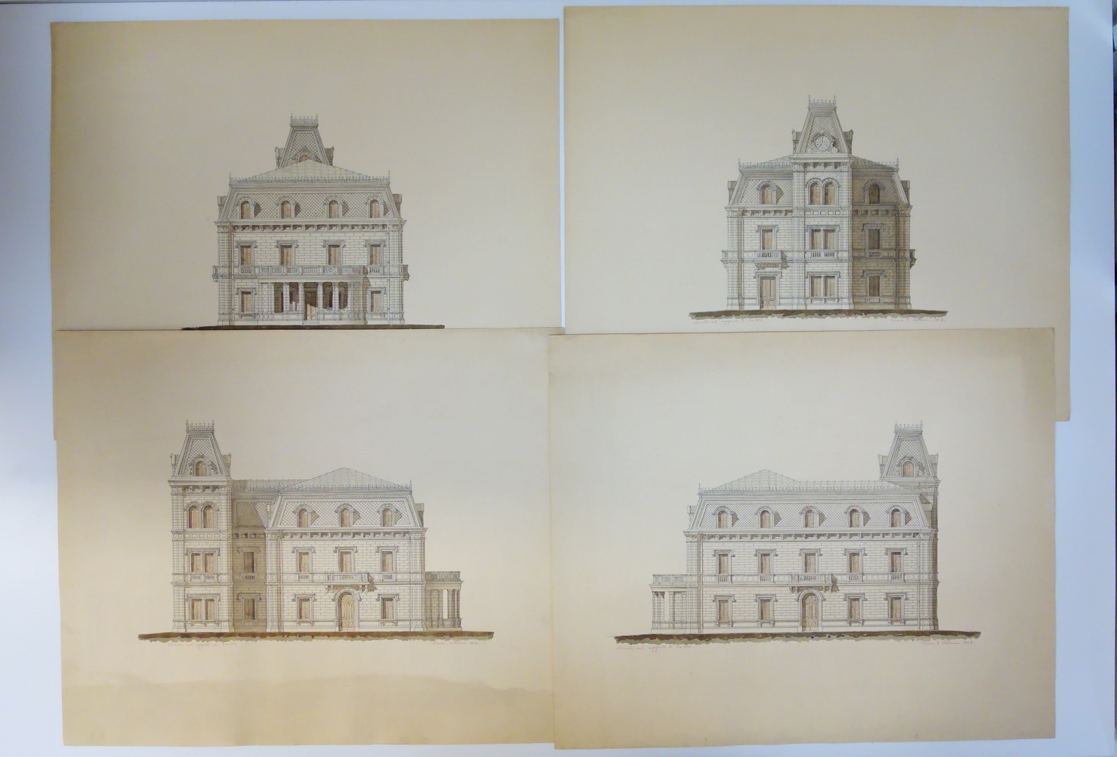 4 Disegni Architettonici Parma Villa Signorile Scala 1:100 China Acquerello …
