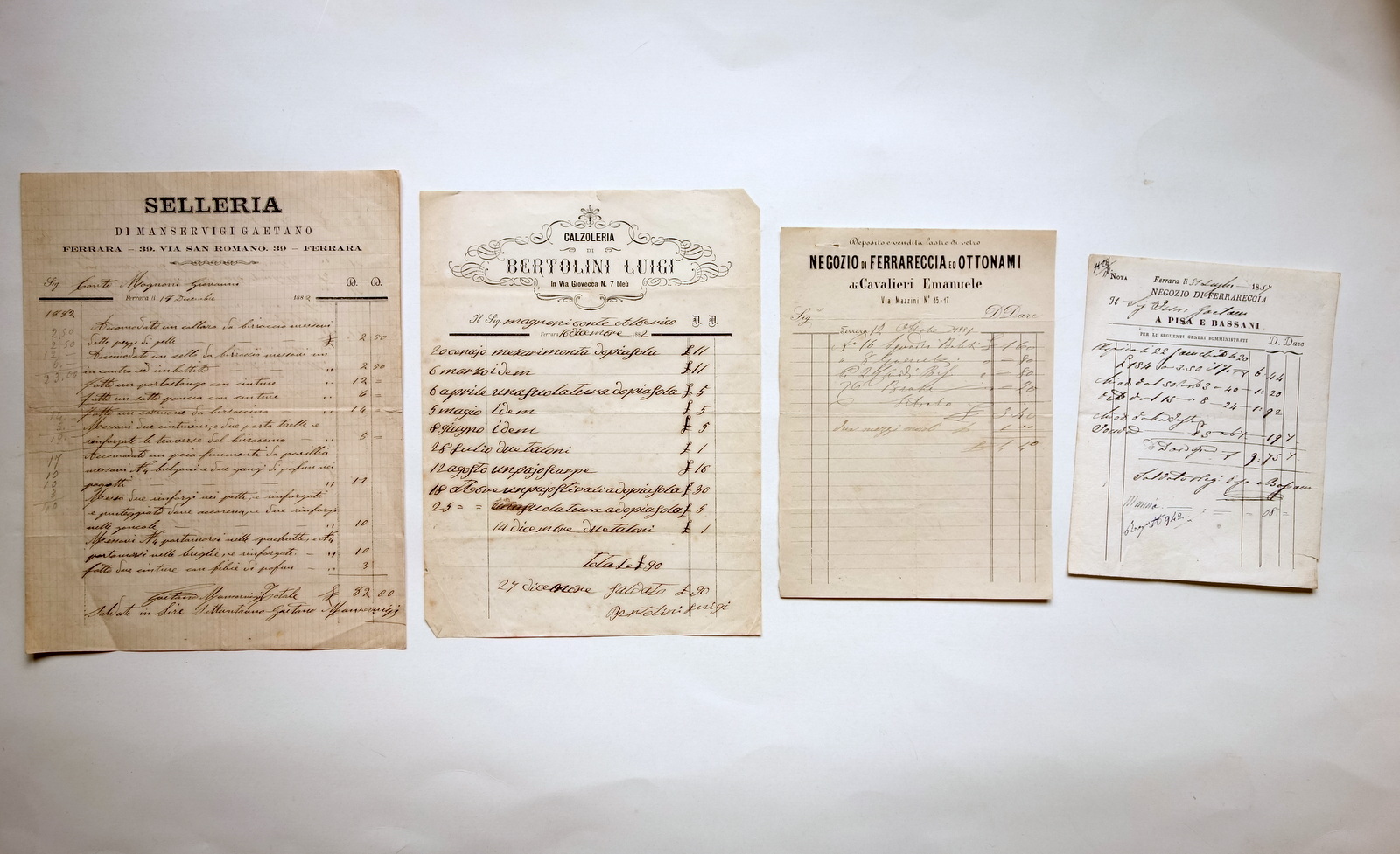 4 Fatture Ferrara Conte Magnoni Ferrareccia Calzoleria Bertolini Selleria '800