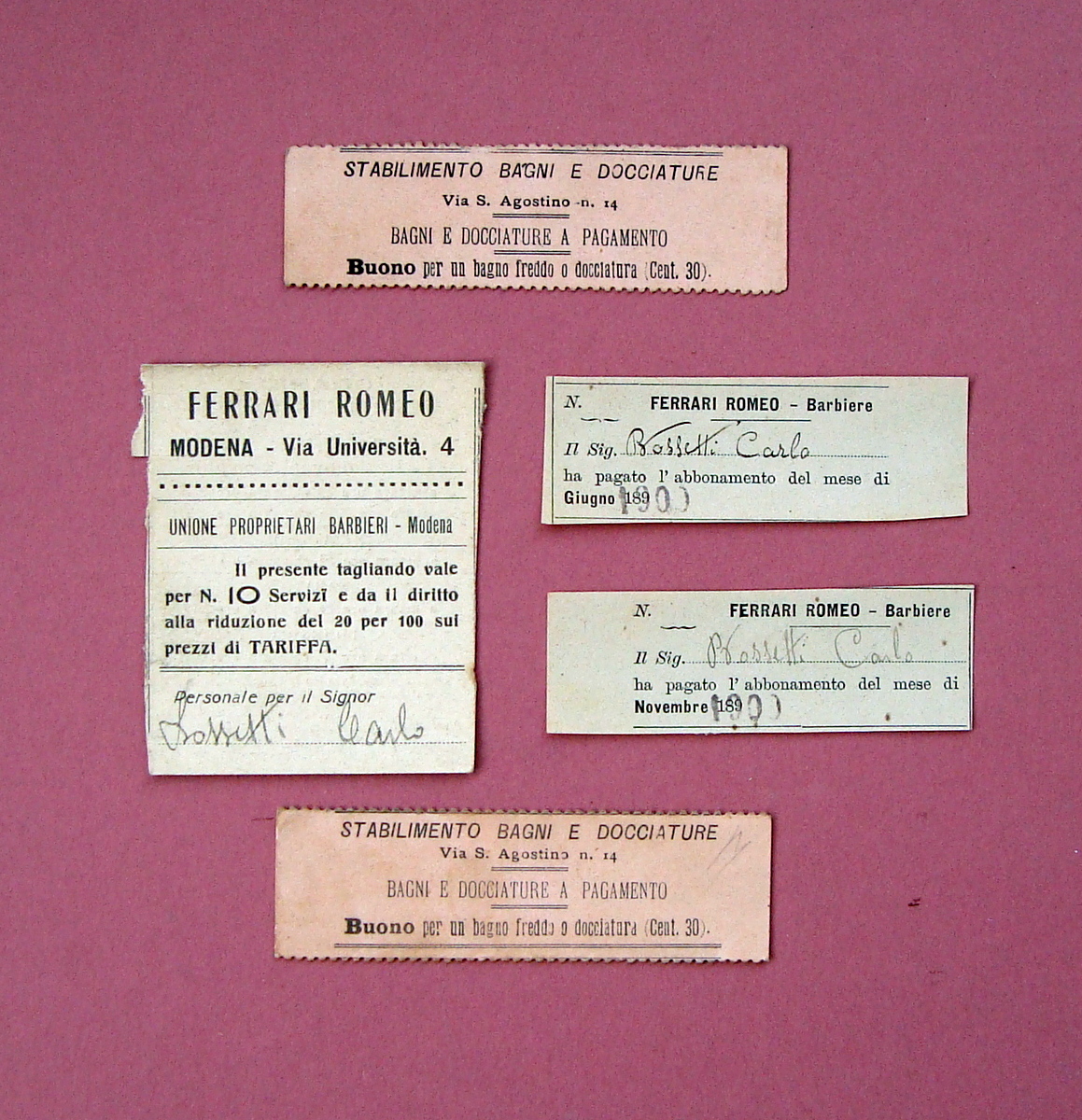 5 biglietti Orario Barbieri Modena 1900 Tagliandi Abbonamenti Bagni Docciature