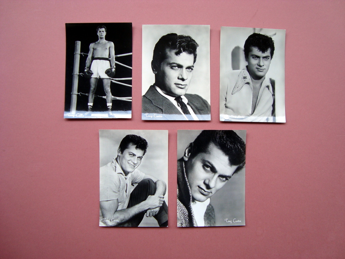 5 Foto-cartoline Tony Curtis originali bianco/nero non viaggiate Ottime