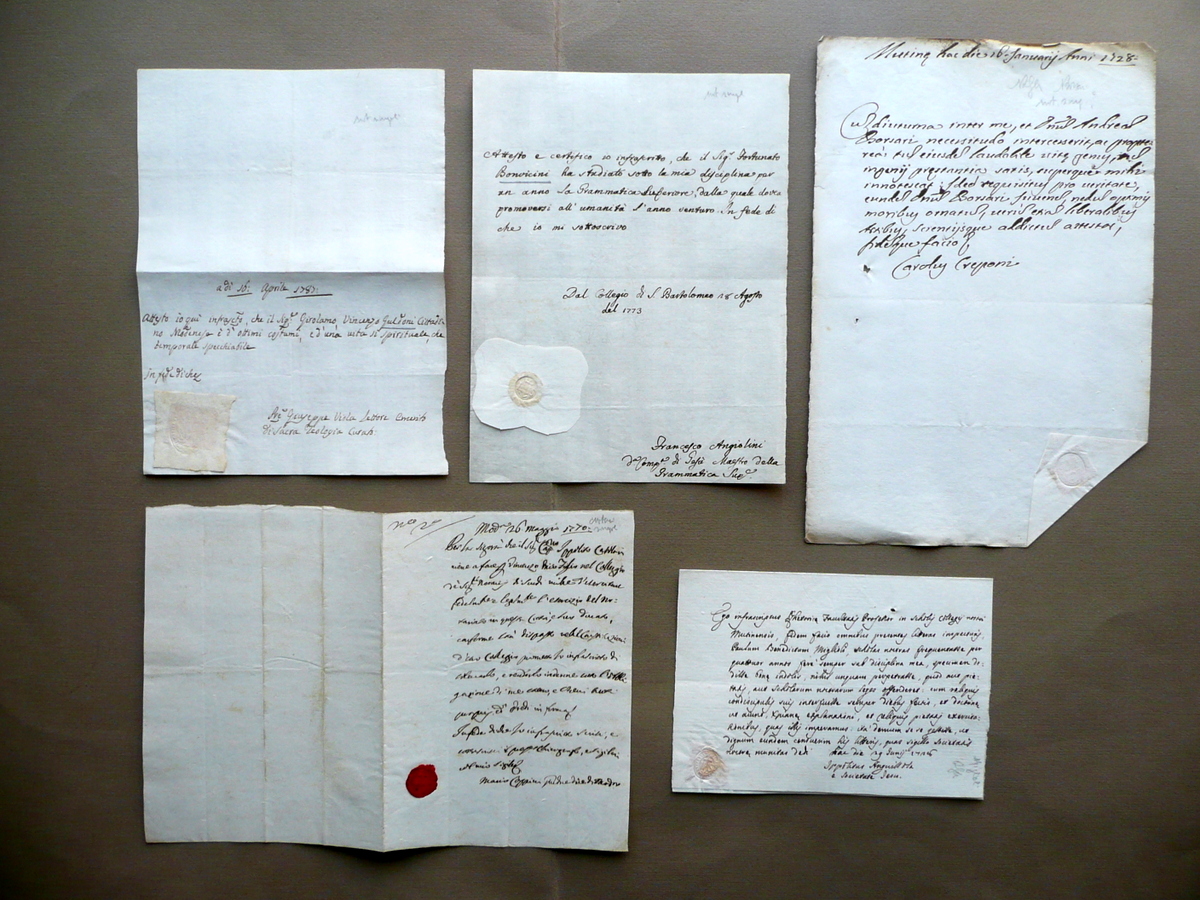 5 Manoscritti Attestazioni Studi Buona Condotta Sigilli '700 Anguissola Gesuiti