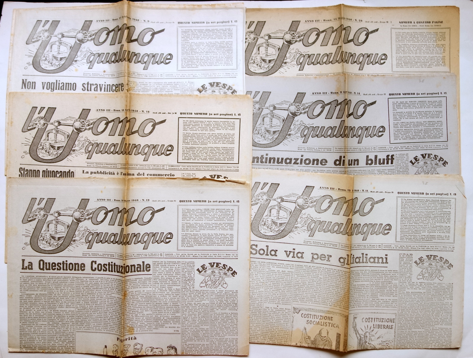 6 Quotidiani L'Uomo Qualunque Roma 1946 Politica Completi