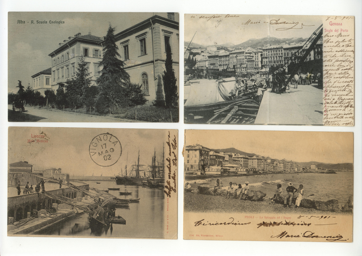 7 Cartoline Alba Genova Livorno Pegli Bologna Abano Bagni viaggiata