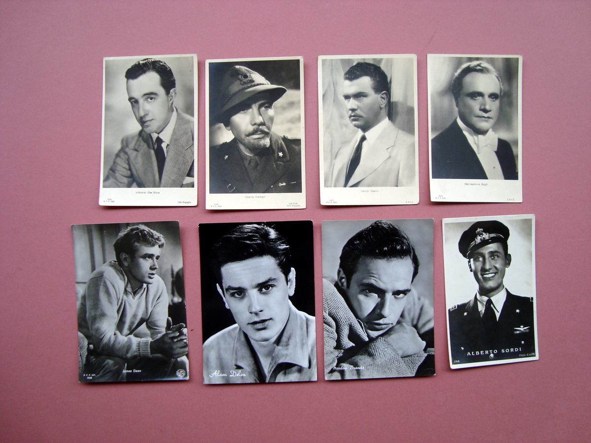 8 Foto-cartoline originali bianco/nero Attori Brando Delon Cervi Sordi Dean