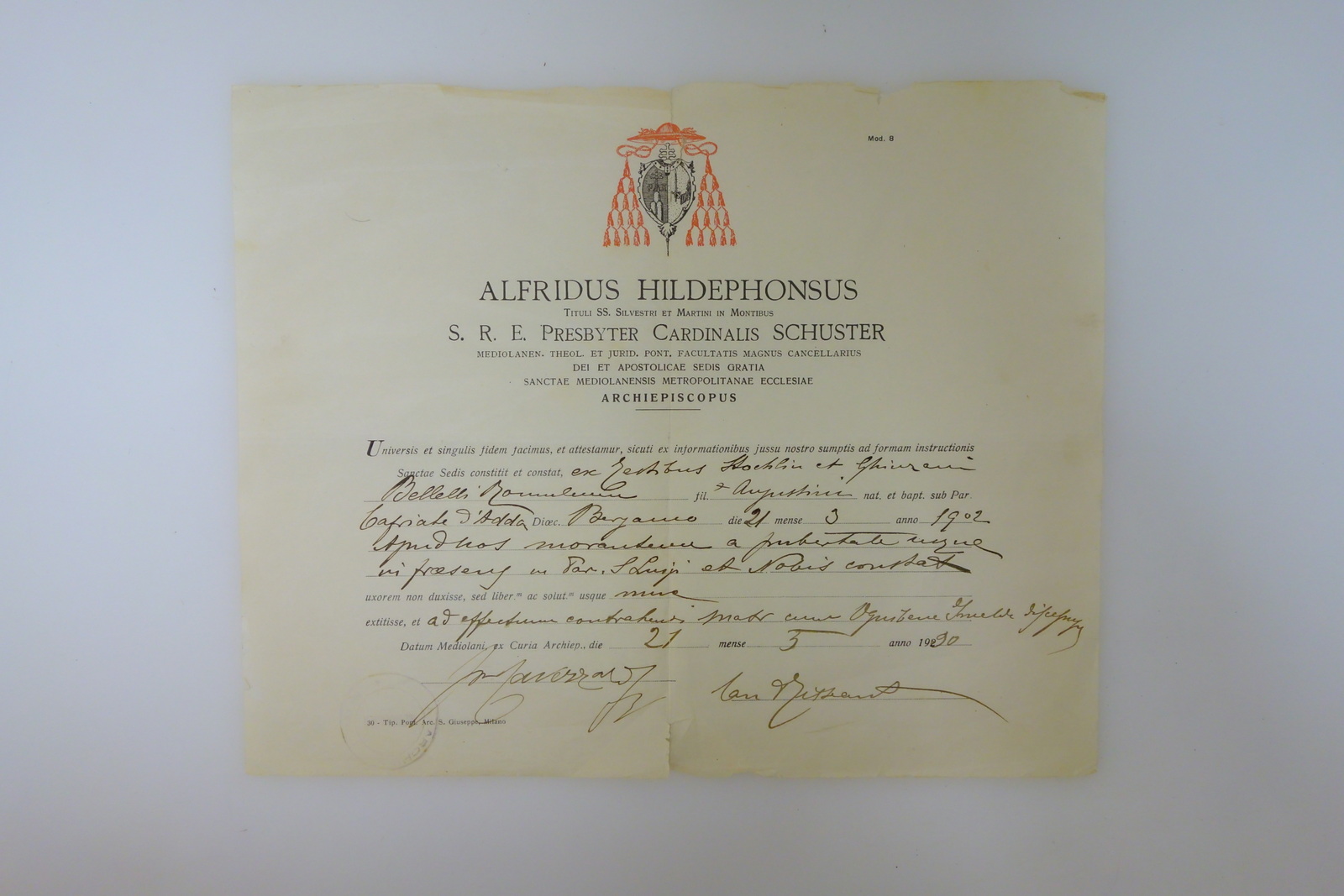 A. Ildefonso Schuster Cardinale Arcivescovo Certificato di Buona Condotta 1920