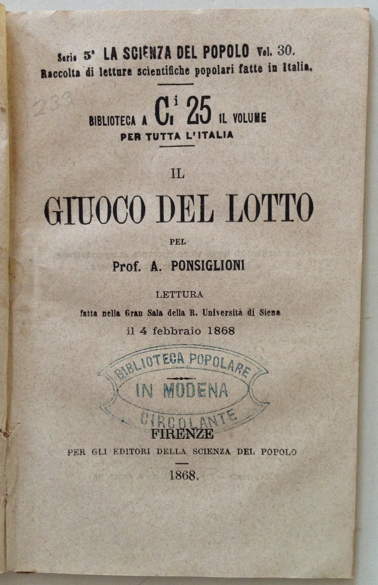 A. Ponsiglioni Giuoco del Lotto Editori Della Scienza del Popolo …