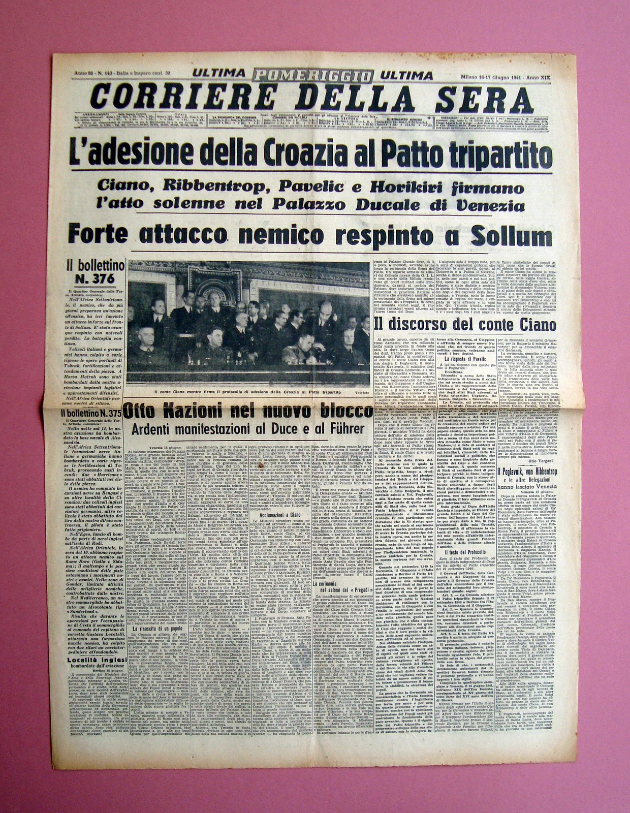 Adesione Croazia al Patto Tripartito 1941 Corriere della Sera giornale