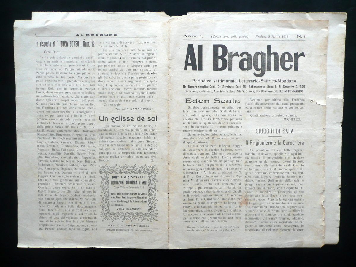 Al Bragher Settimanale Letterario Satirico Mondano Anno I N. 1 …