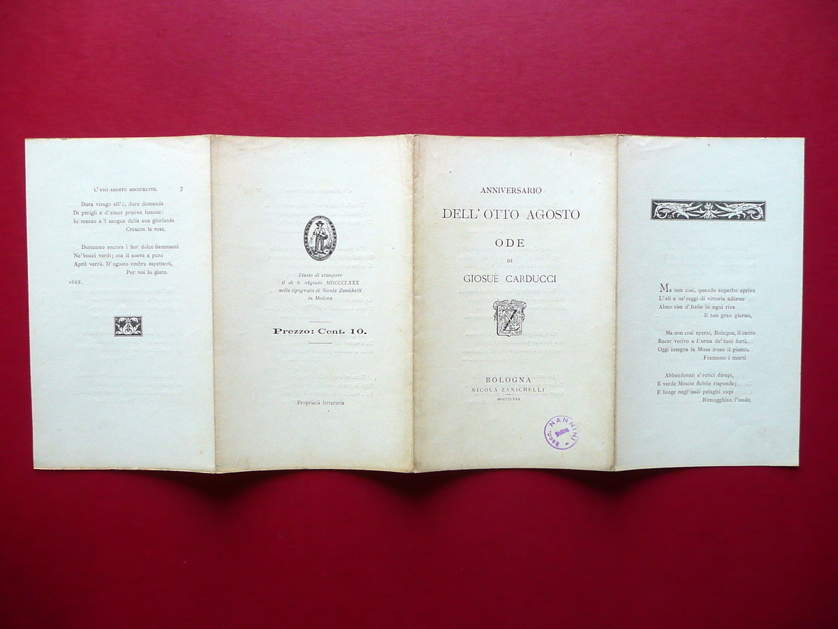 Anniversario dell'Otto Agosto Ode GiosuË Carducci Zanichelli Modena 1880