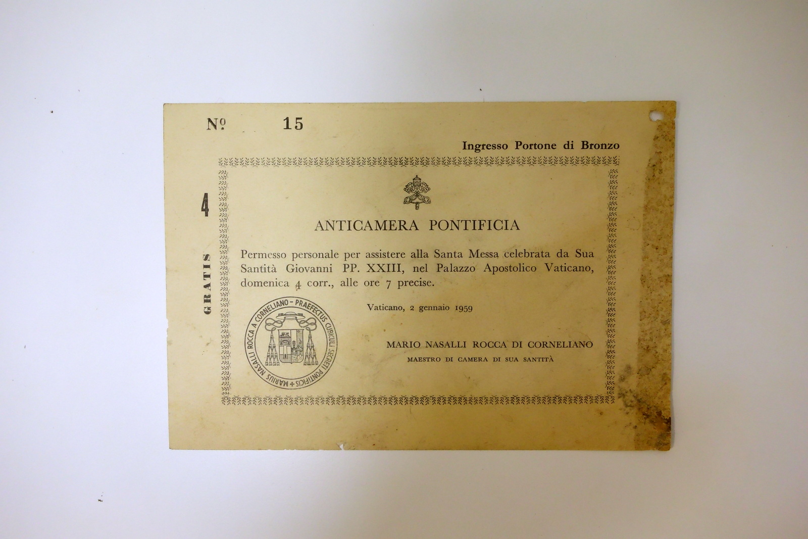Anticamera Pontificia Permesso Personale Messa Papa Giovanni XXIII 1959