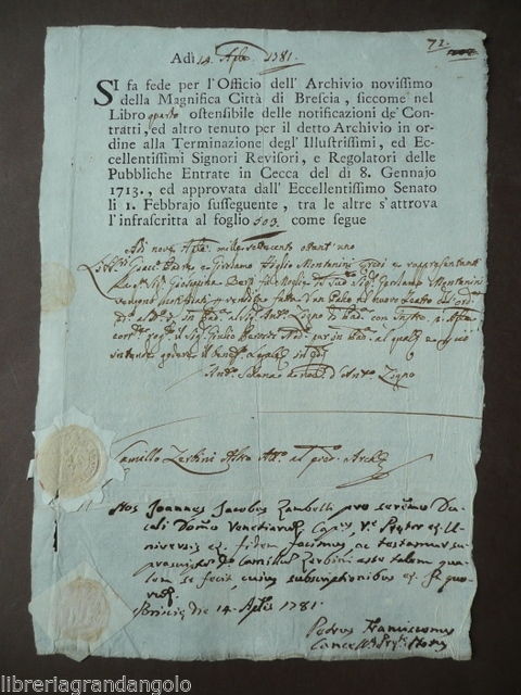 Archivio Magnifica Citt‡ Brescia 1781 Cessione Palchi Teatro Sigilli Cartacei