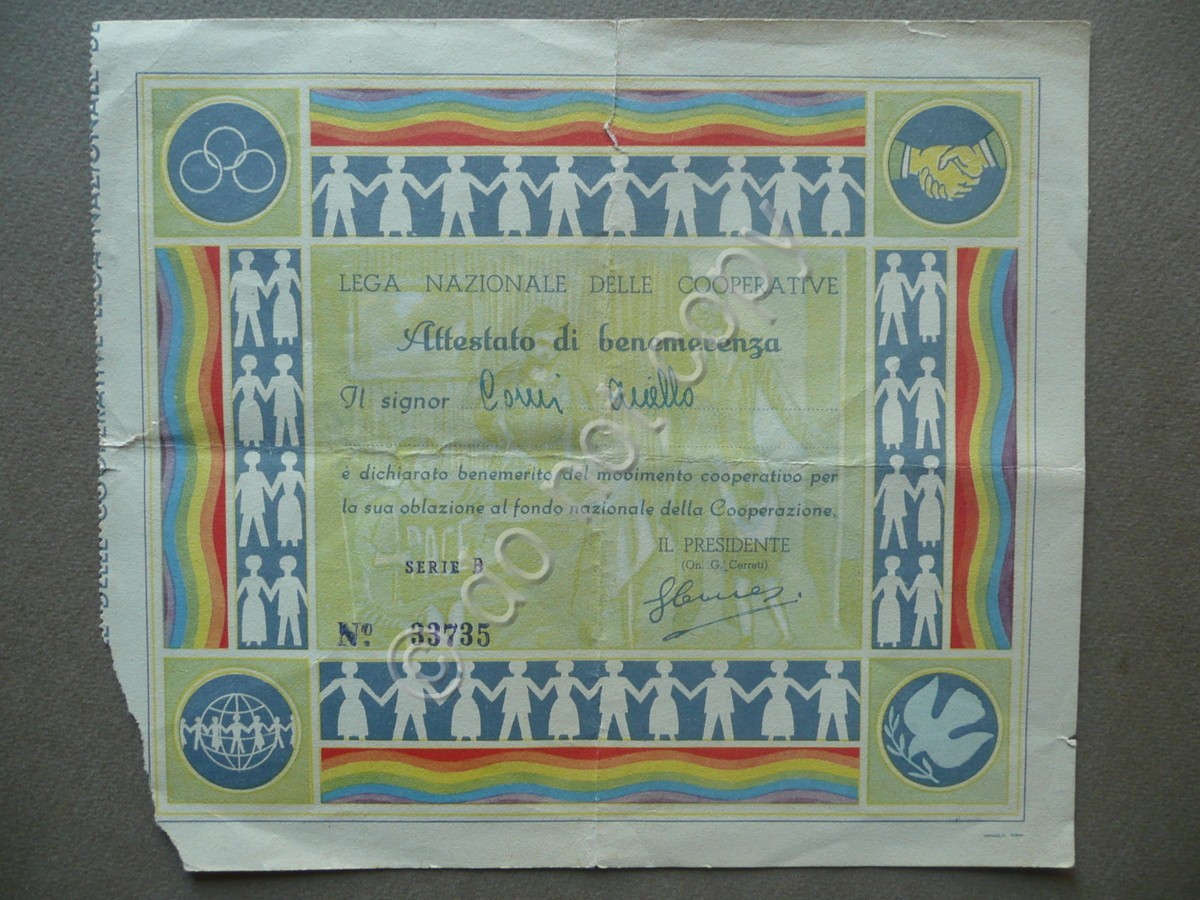 Attestato di Benemerenza Lega Nazionale delle Cooperative L. 100 Roma …