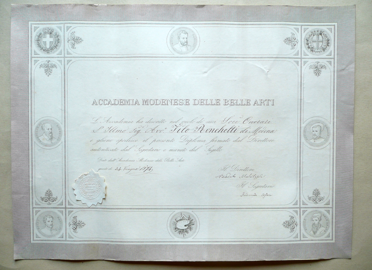 Attestato Iscrizione Accademia Modenese B. Arti Autografo Malatesta Asioli 1874