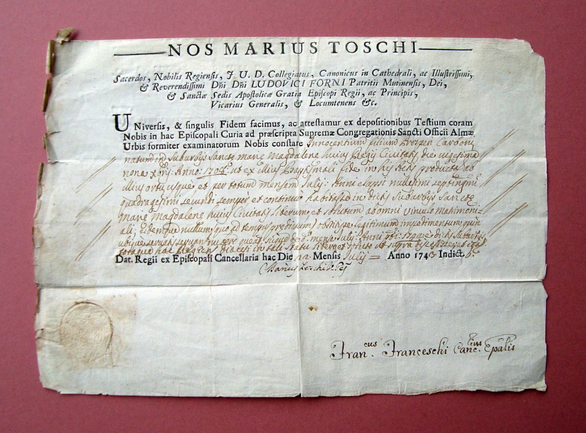 Attestato libert‡ da Vincolo Matrimoniale 1743 Reggio Emilia Maria Maddalena