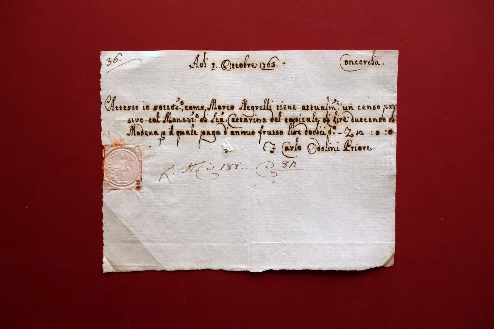 Attestato Ricevuta Censo Annuo Frutto Monastero S. Caterina Concordia Modena