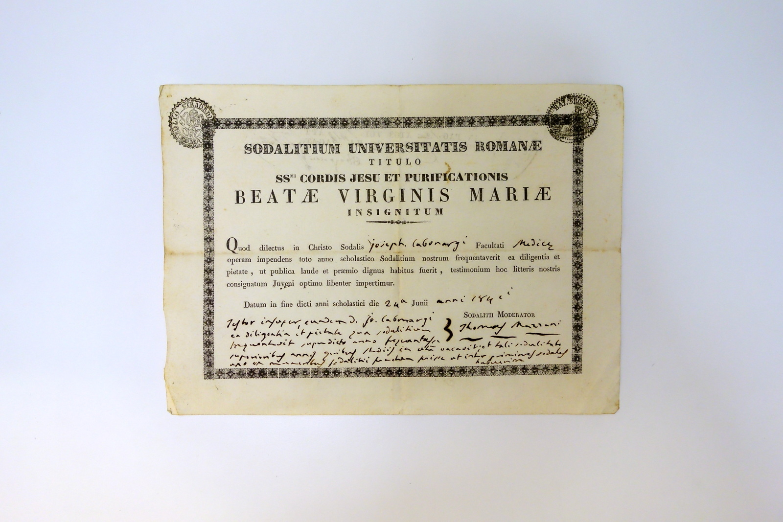 Attestato Scolastico Universitatis Romanae Facoltà di Medicina Compilato 1841