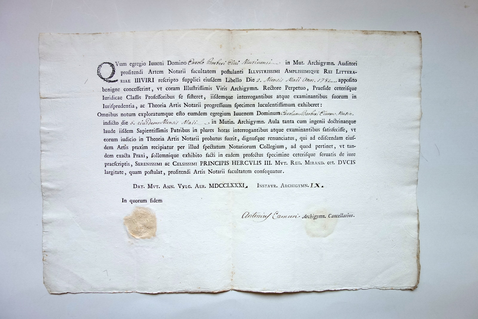 Attestato Theoria Artis Notarii Notariato Barberi Mutinensis 1781 Sigillo