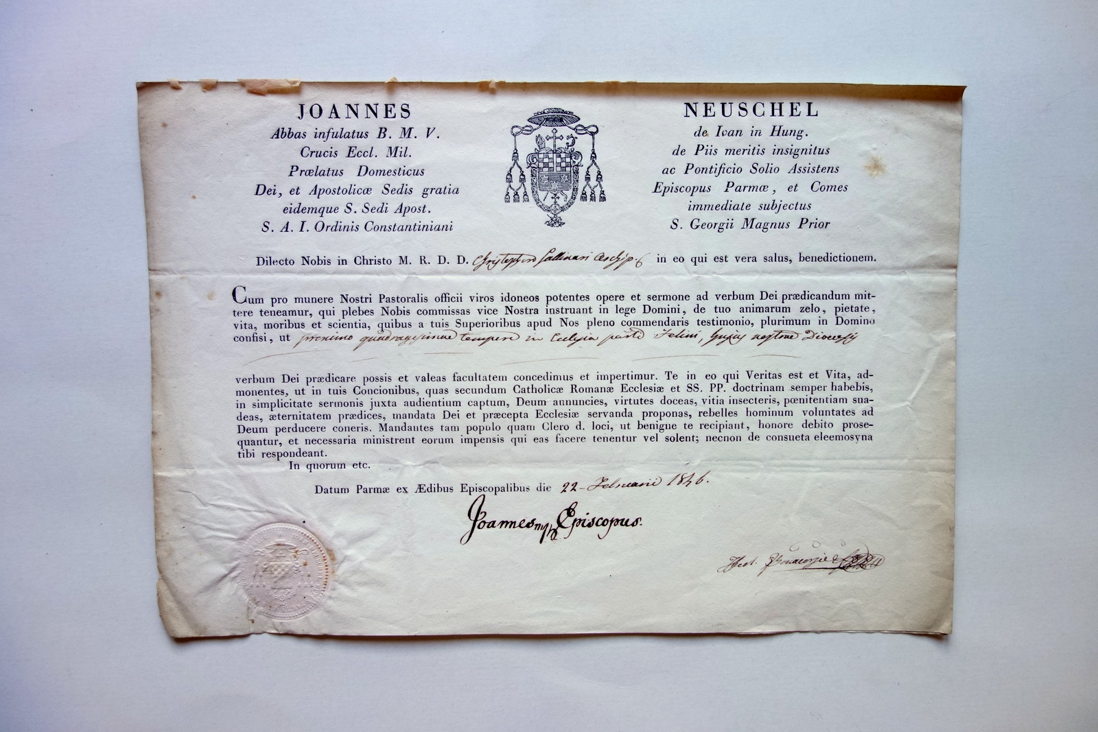 Atto di Nomina Ecclesia Felini J. Neuschel Vescovo di Parma …