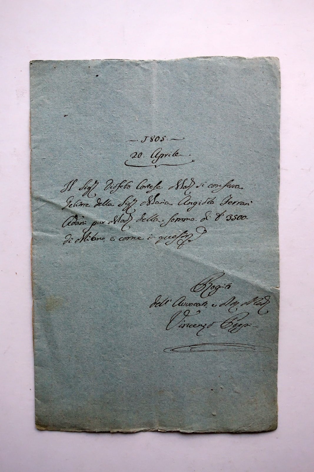 Atto Privato Confessione di Debito Cortese Ferrari 1805 Tabellonato