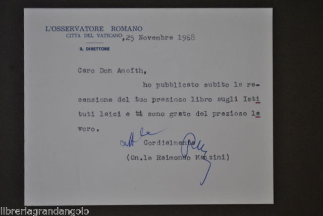 Autografi Politica Pensiero Cattolico Avvenire Osservatore Raimondo Manzini 1968