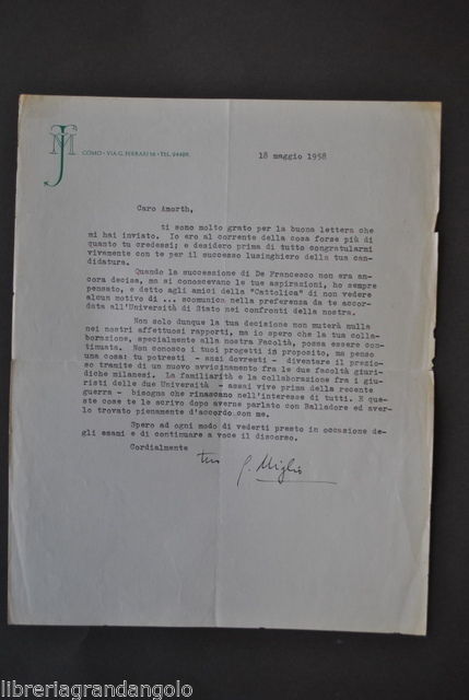 Autografi Politica Universit‡ Senatore Professore Miglio Lettera Amorth 1958