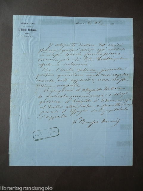 Autografo 1868 Onnis Brusco Patriota Mazziniano Giornalista Cagliari Sardegna