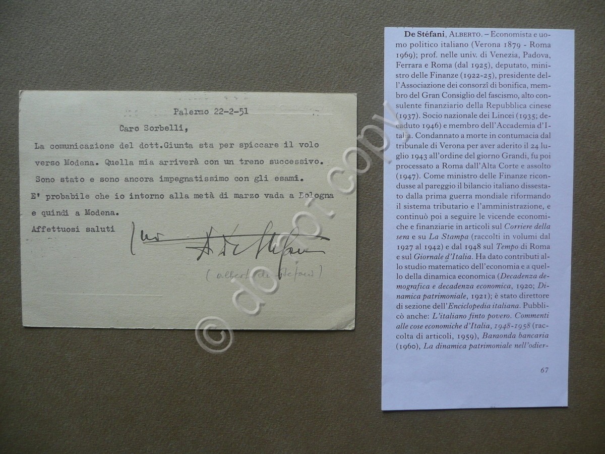 Autografo Alberto de Stefani Cartolina Postale Palermo 1951 Economista Politica