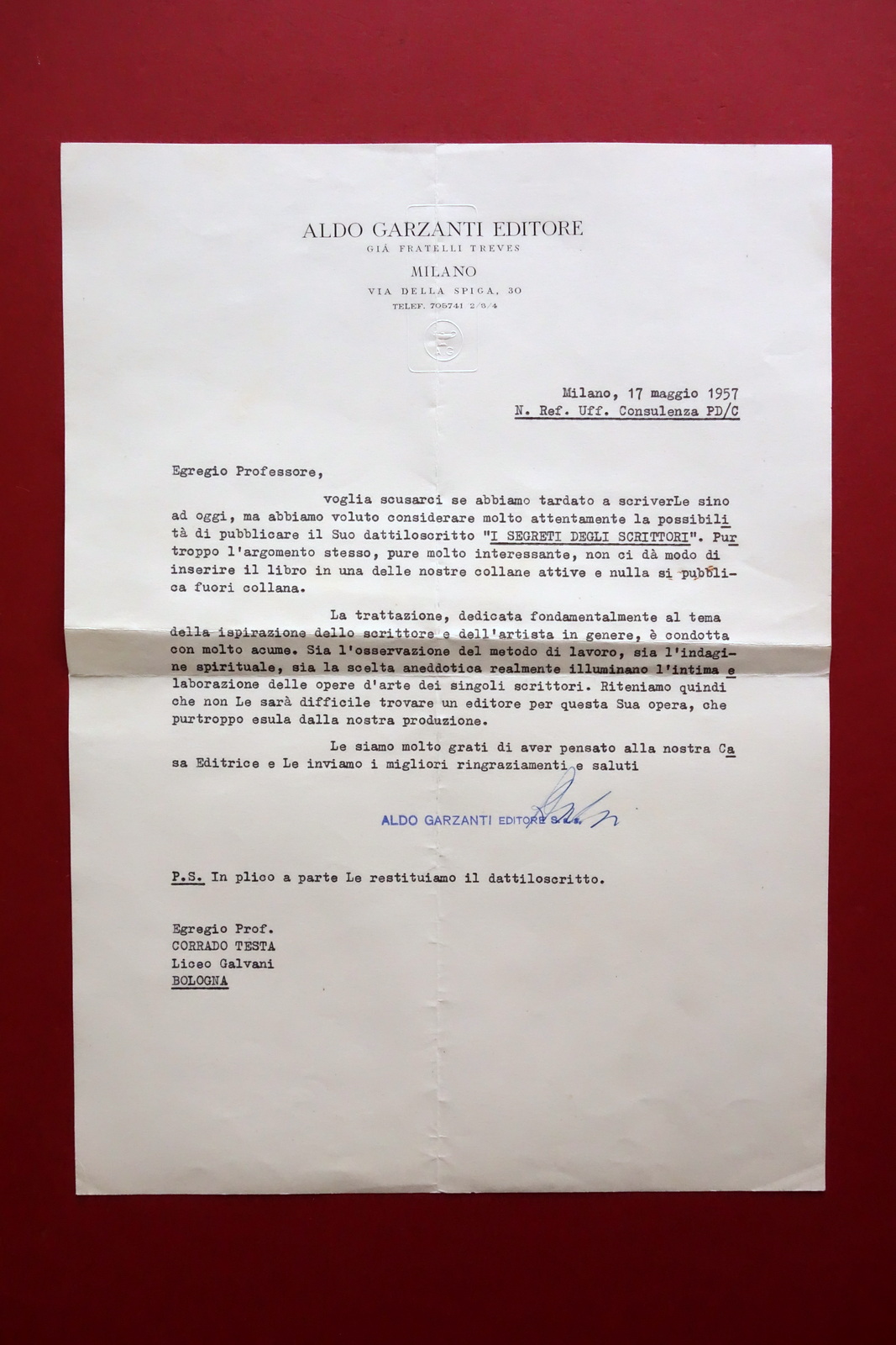 Autografo Aldo Garzanti Milano Editore Casa Editrice Lettera Firma 1957