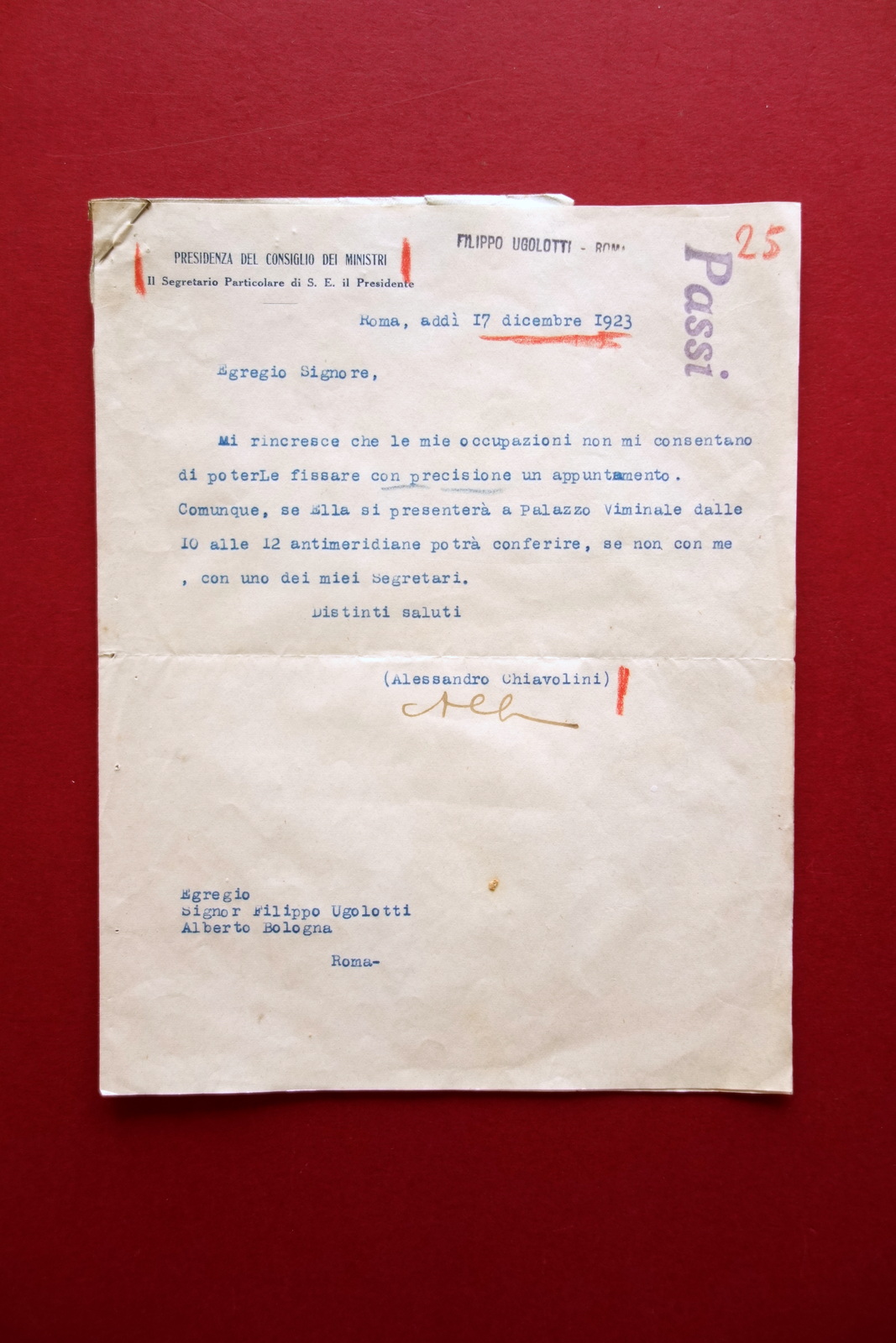 Autografo Alessandro Chiavolini Lettera Firma Roma 17/12/1923 Politica