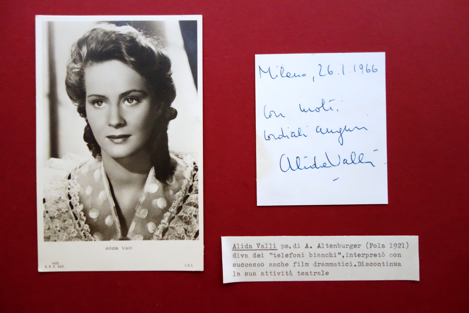 Autografo Alida Valli Altenburger Biglietto Auguri Milano 26/1/1966 Cinema