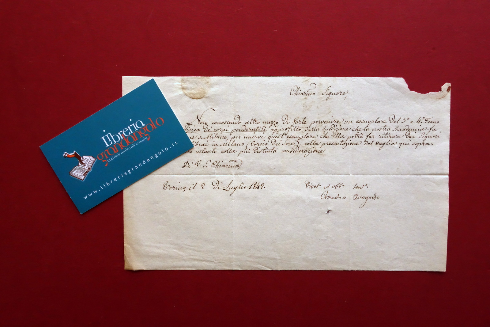 Autografo Amedeo Avogadro Sezione di Lettera Firmata Torino 1842 Fisica …