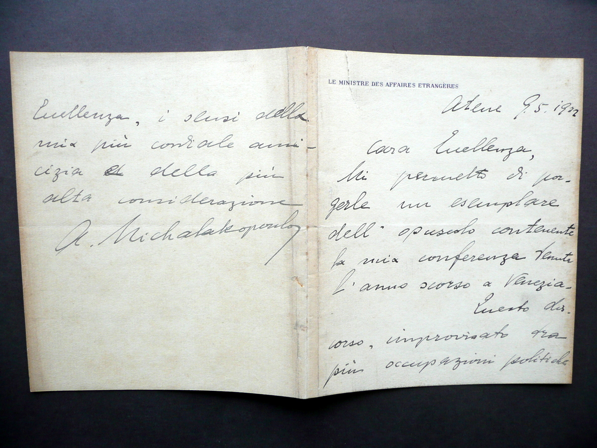 Autografo Andreas Michalakopoulos Lettera Atene 9/5/1932(?) Ministro Grecia