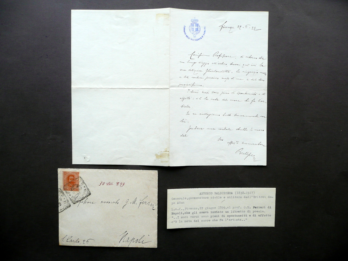 Autografo Antonio Baldissera Lettera Firenze 1899 Comando VIII Corpo d'Armata