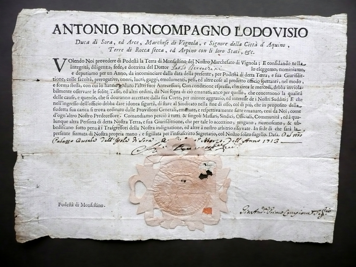 Autografo Antonio Boncompagno Lodovisio Vignola Nomina Podest‡ Monfestino 1713