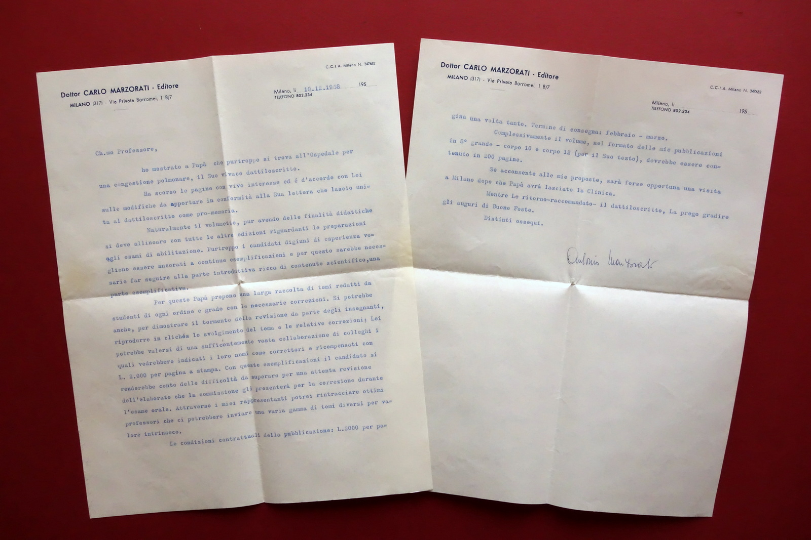 Autografo Antonio Marzorati Lettera Firma Editore Milano 1958 Proposta Contratto