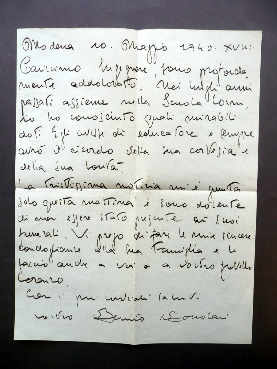 Autografo Benito Boccolari Lettera 110/5/940 Condoglianze Xilografia Modena Arte
