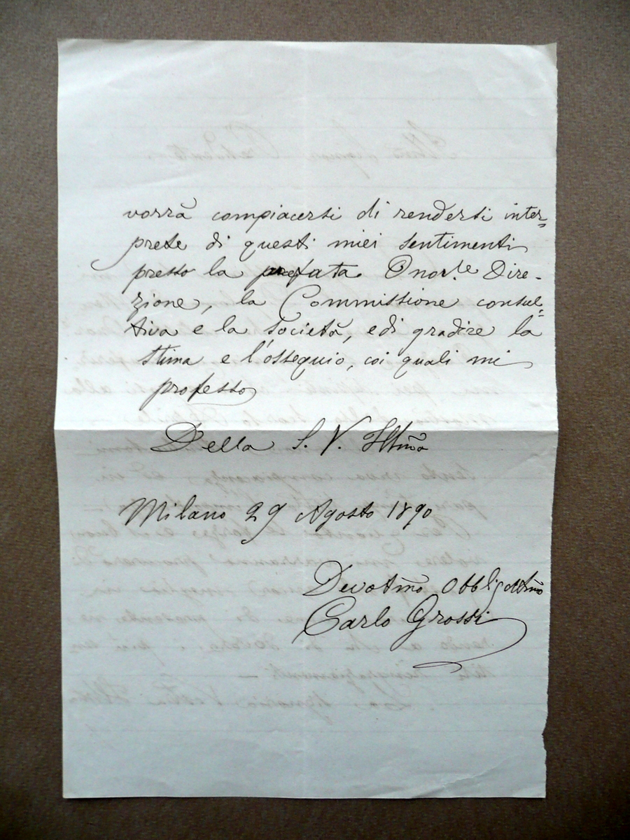 Autografo Carlo Grossi Lettera Milano 1890 Pittore Carpi Modena Arte