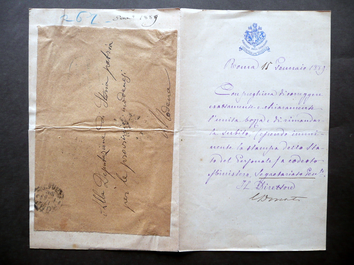 Autografo Cesare Donati Lettera Ministero dell'Istruzione Roma 15/1/1889 Lugo