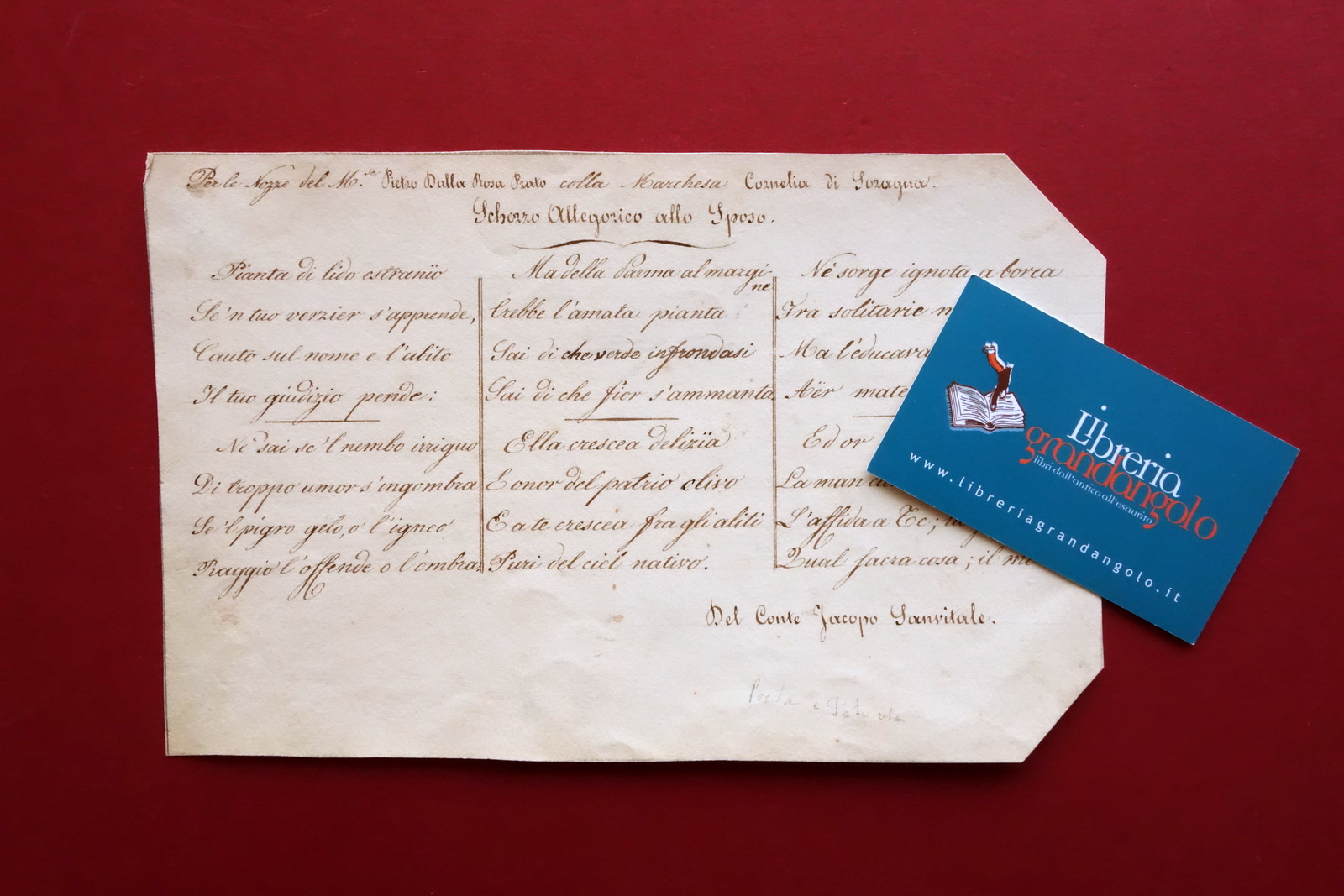 Autografo Conte Jacopo Sanvitale Scherzo Allegorico Nozze Dalla Rosa Soragna